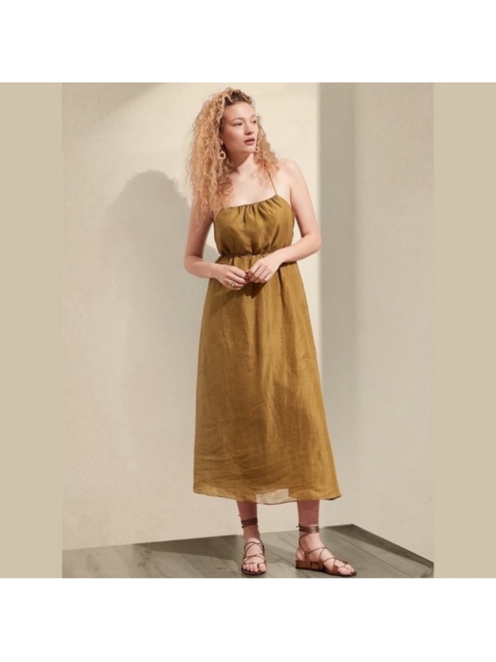 Banana Republic golden mustard ramie gathered maxi dress XL